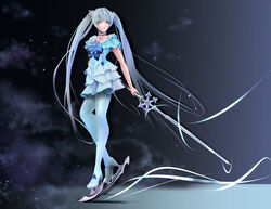  absurdres black_survival blue_dress blue_eyes choker collarbone dress elena_jarvinen eternal_return:_black_survival female figure_skating_dress flat_chest frost highres ice_skates korean_commentary long_hair pantyhose rapier skates snowflakes solo sword twintails very_long_hair weapon white_hair white_pantyhose yangmahl 