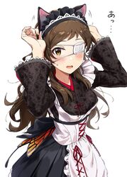  alternate_costume animal_ears ayano_yuu_(sonma_1426) black_kimono blush brown_eyes brown_hair cat_ears commentary eyepatch fake_animal_ears female frills highres idolmaster idolmaster_million_live! idolmaster_million_live!_theater_days japanese_clothes kimono kimono_dress kitazawa_shiho long_hair looking_at_viewer maid maid_headdress medical_eyepatch open_mouth parted_bangs simple_background smile solo star_(symbol) star_print upper_body wa_maid white_background wide_sleeves 