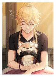  1boy ahoge animal bad_id bad_twitter_id black_shirt blanket blonde_hair canine closed_eyes crossed_bangs ear_piercing genshin_impact hair_between_eyes hair_down highres male_focus miz_(mi) mouth_hold on_lap piercing saliva shiba_inu shirt sleeping sleeping_upright taroumaru_(genshin_impact) thoma_(genshin_impact) twitter_username unworn_headband upper_body 