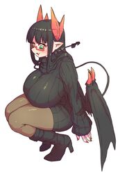  :3 black_footwear black_hair black_legwear black_tail boots breasts demon_horns demon_tail demon_wings dress eyebrows female glasses green_eyes high_heel_boots high_heels highres horns huge_breasts long_hair merii_(mazohaha) musuko_ga_kawaikute_shikatanai_mazoku_no_hahaoya open_mouth pantyhose pointy_ears pointy_nose red-framed_eyewear red_horns red_nails ribbed_sweater squatting sweater sweater_dress tail thighs wings zyugoya 