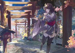  absurdres armor braid breasts bridal_gauntlets cleavage closed_mouth commentary day falling_petals female flower genshin_impact hair_ornament highres japanese_clothes jumbowhopper kimono korean_commentary large_breasts long_hair long_sleeves obi obiage outdoors petals purple_eyes purple_flower purple_hair raiden_shogun ribbon sash shoulder_armor solo thighhighs torii wide_sleeves 