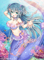  :d air_bubble animal arm_behind_head arm_up bad_id bad_pixiv_id bare_shoulders bikini blush bracelet breasts bubble cleavage commentary_request copyright_notice day female fish green_eyes green_hair hair_ornament hair_scrunchie hairclip hand_up jewelry large_breasts long_hair mermaid monster_girl navel official_art open_mouth outdoors pearl_bracelet purple_bikini purple_scrunchie scrunchie shell shell_bikini siren_(teikoku_senki) smile solo star_(symbol) star_hair_ornament swimsuit teikoku_senki two_side_up underwater very_long_hair watermark yuuki_rika 