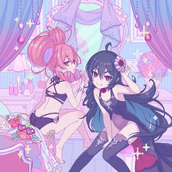  2girls ahoge album_cover artist_request barefoot bead_bracelet beads bikini black_bikini black_dress black_hair black_thighhighs bouquet bracelet chameleon cover dress flat_chest flower flower_collar from_behind hair_flower hair_ornament hair_rings heart heart-shaped_eyewear highres illya_(ceremonial)_(princess_connect!) illya_(princess_connect!) illya_(small)_(princess_connect!) indoors jewelry lamp layered_bikini leotard long_hair looking_at_viewer mirror multiple_girls navel neneka_(princess_connect!) neneka_(summer)_(princess_connect!) no_shoes oerba_yun_fang official_alternate_costume official_art pink_hair pointy_ears princess_connect! red_eyes see-through see-through_leotard sitting sparkle swimsuit thighhighs 