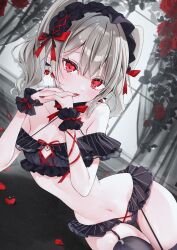  bikini black_bikini blush breasts curtains earrings female flower frilled_bikini frills grey_hair hair_ribbon heart heart_earrings highres jewelry looking_at_viewer mizupuruta nail_polish navel original panties petals red_eyes red_flower red_nails red_ribbon red_rose ribbon rose rose_petals small_breasts solo stomach swimsuit twintails underwear wrist_cuffs 