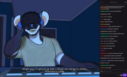  2024 absurd_res anthro bangs beard bluesh clothed clothing computer_keyboard cristian_(bluesh) desk dialogue english_text facial_hair fur furniture hair hi_res hyena inside livestream male mammal open_mouth open_smile shirt sitting smile solo son_(lore) table teeth text tongue topwear tuft twitch.tv 