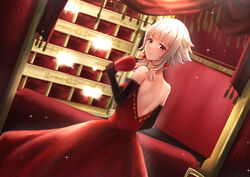  absurdres back bare_back commission curtains dress earrings elbow_gloves female fire_emblem fire_emblem_heroes floral_print gem gloves grey_hair hand_fan highres holding holding_fan indoors jewelry light_particles light_smile long_dress looking_at_viewer nei_(aduma1120ponpon) nintendo official_alternate_hairstyle red_eyes short_hair sidelocks skeb_commission smile tareme tassel theater veronica_(fire_emblem) 