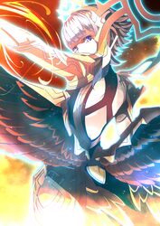  absurdres back black_feathers casting_spell commission dress facing_away feathered_wings feathers female fire fire_emblem fire_emblem_engage fire_emblem_heroes from_behind glowing grey_hair highres looking_at_viewer magic nintendo official_alternate_costume official_alternate_hairstyle purple_eyes second-party_source short_hair short_hair_with_long_locks sidelocks skeb_commission solo tiara to_(tototo_tk) veronica_(fire_emblem) veronica_(princess_rising)_(fire_emblem) wings 