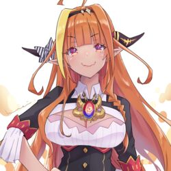  ahoge blonde_hair bow breasts cleavage cleavage_cutout clothing_cutout dragon_girl dragon_horns fangs hairband hand_on_own_hip hololive horn_bow horn_ornament horns jacket kiryu_coco kiryu_coco_(1st_costume) kyou_fumei large_breasts long_hair multicolored_hair orange_hair pointy_ears shirt skin_fangs smile streaked_hair upper_body virtual_youtuber white_background 