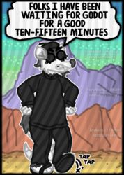  american_opossum anthro black_clothing clothed clothing english_text eyewear fur glasses hat headgear headwear hi_res humor jerkcity male mammal marsupial meme opossumvalley round_glasses solo speech_bubble spigot_(jerkcity) tapping tapping_foot text white_body white_fur 