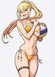  absurdres ball bikini blonde_hair blue_eyes breast_press breasts commentary darkness_(konosuba) female hair_ornament highres kono_subarashii_sekai_ni_shukufuku_wo! large_breasts long_hair looking_at_viewer mikey_pie ponytail side-tie_bikini_bottom smile solo swimsuit textless_version volleyball_(object) x_hair_ornament yellow_bikini 