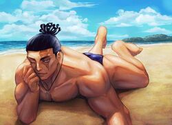  1boy absurdres akutami_gege ass bara beach black_hair blue_male_swimwear collaboration colorized day elbow_rest feet_up full_body highres jujutsu_kaisen looking_at_viewer lying male_focus male_swimwear muscular muscular_male on_stomach one_eye_closed oopsiediasies pectorals sand sanpaku scar scar_across_eye seductive_smile short_hair sideburns smile solo sweat swim_briefs third-party_edit topless_male toudou_aoi_(jujutsu_kaisen) very_sweaty 