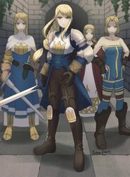  4girls agrias_oaks armor artist_name blonde_hair blue_dress braid breastplate brown_footwear brown_gloves cape castle checkered_floor choker dagger dress final_fantasy final_fantasy_tactics full_body gauntlets gloves hands_on_own_hips highres holding holding_sword holding_weapon holster knee_pads knife knight_(fft) leotard long_hair looking_at_viewer monk_(fft) multiple_girls ovelia_atkascha red_choker short_hair shoulder_pads soosupaan sword unitard weapon white_cape white_dress yellow_armor yellow_footwear 