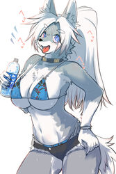  anthro big_breasts bikini bikini_bottom bikini_top bottle bracelet breasts canid canine canis clothing collar container eyebrows eyelashes eyelashes_through_hair fangs fur grey_body grey_fur hair hand_on_hip hi_res inner_ear_fluff jewelry kemono looking_at_viewer male mammal okami_bark ookamiwaho open_mouth open_smile purple_eyes smile solo string_bikini swimwear tail teeth translucent translucent_hair tuft two-piece_swimsuit water_bottle white_body white_fur white_hair white_hands white_tail wolf 