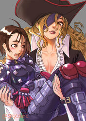  2girls armor blonde_hair brown_hair commission crossover eyepatch frilled_shirt_collar frills gloves grey_background hat justice_gakuen kazama_akira knee_pads long_hair marvel_vs._capcom marvel_vs._capcom_2 multiple_girls one_eye_covered open_mouth pauldrons pirate pirate_hat red_gloves red_lips ruby_heart shoulder_armor simple_background skeb_commission spikes tsuna_(akmu8832) twitter_username yellow_eyes 