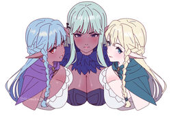  3girls aqua_eyes aqua_hair blonde_hair blue_cloak blue_hair blush braid breast_on_breast breasts cleavage cloak closed_mouth cropped_torso dark-skinned_female dark_elf dark_skin elf eltolinde_(unicorn_overlord) eyeshadow grey_eyes large_breasts light_blue_hair long_hair looking_at_viewer makeup multiple_girls parted_lips pointy_ears purple_cloak purple_eyeshadow railanor_(unicorn_overlord) red_eyes rosalinde_(unicorn_overlord) simple_background smile sweat twitter_username unicorn_overlord upper_body white_background yoru_(yoruyonaka) 