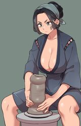  agawa_ryou breasts cleavage closed_mouth commentary female grey_background grey_bandana grey_eyes grey_hair grey_kimono japanese_clothes kimono large_breasts original parted_bangs pottery simple_background solo wide_sleeves 