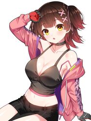  :o black_choker black_shorts black_tank_top blush breasts brown_hair choker cleavage commentary cowboy_shot crop_top ear_piercing female gradient_hair hair_ornament hair_ribbon highres hololive ishida_aya jacket large_breasts long_sleeves looking_at_viewer mechanical_hands mixed-language_commentary multicolored_hair navel official_alternate_costume open_clothes open_jacket piercing pink_jacket pink_ribbon ribbon roboco-san roboco-san_(workoutwear) shorts simple_background sitting solo stomach tank_top two_side_up virtual_youtuber white_background x_hair_ornament yellow_eyes 