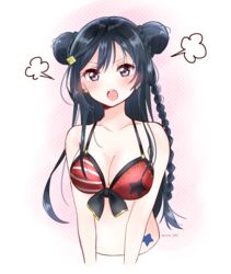  :o asymmetrical_bikini bikini black_hair bow braid braided_bun commentary_request cropped_torso diamond_hair_ornament double_bun earrings female front-tie_bikini_top front-tie_top grey_eyes hair_bun hair_ornament hairclip highres jewelry long_braid long_hair looking_at_viewer love_live! love_live!_nijigasaki_high_school_idol_club love_live!_school_idol_festival_all_stars official_alternate_costume one_side_up open_mouth pink_background polka_dot polka_dot_background puff_of_air red_bikini ririn_(ririn_501) sidelocks solo star_(symbol) star_earrings striped_bow swimsuit teeth twitter_username upper_body upper_teeth_only v-shaped_eyebrows white_background yuki_setsuna_(love_live!) 