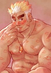  1boy bara blonde_hair burn_scar dog_tags earrings english_commentary facial_hair goatee_stubble hand_on_own_face highres jewelry large_pectorals lipstick_mark lipstick_mark_on_arm lipstick_mark_on_chest lipstick_mark_on_face lipstick_mark_on_forehead lipstick_mark_on_hand lipstick_mark_on_neck lipstick_mark_on_stomach looking_to_the_side male_focus multicolored_hair muscular muscular_male mystar21 navel nude pectorals pink_background scar scar_on_face scar_on_shoulder scar_on_stomach short_hair sideburns_stubble signature single_earring solo sparse_chest_hair sparse_leg_hair sparse_navel_hair stubble sweatdrop thick_eyebrows tokyo_afterschool_summoners two-tone_hair ulaanbaatar_(housamo) upper_body variant_set veins veiny_arms white_hair 