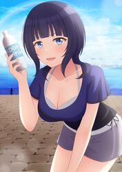  asaka_karin blue_eyes blue_hair blue_sky blush bottle breasts cleavage collarbone commentary_request dark_blue_hair female highres holding holding_bottle ichiban577 large_breasts leaning_forward looking_at_viewer love_live! love_live!_nijigasaki_high_school_idol_club medium_hair mole mole_on_collarbone mole_under_eye open_mouth outdoors purple_shirt shirt shorts sky smile solo undershirt water 