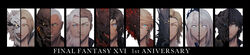  2girls 6+boys absurdres anniversary armor bahamut_(final_fantasy) barnabas_tharmr beard benedikta_harman black_hair blonde_hair cidolfus_telamon clive_rosfield column_lineup copyright_name dark-skinned_male dark_skin dion_lesage evil_smile facial_hair fangs final_fantasy final_fantasy_xvi garuda_(final_fantasy) glowing glowing_eyes gomatoremonn grey_hair highres horns hugo_kupka ifrit_(final_fantasy) jill_warrick joshua_rosfield long_beard looking_at_viewer multiple_boys multiple_girls odin_(final_fantasy) open_mouth pale_skin phoenix_(final_fantasy) ramuh scar scar_on_face shiva_(final_fantasy) smile titan_(final_fantasy) wide_image 