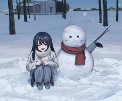  black_hair blood blood_on_clothes blue_eyes blue_sky building female highres horror_(theme) long_hair looking_at_viewer open_mouth original outdoors pants red_scarf sakiika0513 scarf shoes sky smile snow snowing snowman solo squatting stick tree when_you_see_it white_scarf winter 