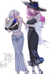  2girls belt black_dress black_hat blue_eyes breasts cleavage dress grey_hair grey_pants hat highres holding honkai:_star_rail honkai_(series) jade_(honkai:_star_rail) long_hair medium_breasts midriff multicolored_hair multiple_girls navel numby_(honkai:_star_rail) pants pink_hair red_hair shirt short_hair short_sleeves simple_background sleeveless sleeveless_dress standing streaked_hair topaz_(honkai:_star_rail) trotter_(honkai:_star_rail) umenoume white_background white_belt white_shirt 