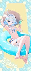  :q absurdres adjusting_clothes adjusting_headwear alternate_costume arm_scrunchie arm_up armpits barefoot bikini blue_eyes blue_gemstone blue_hair breasts character_name drop-shaped_pupils feet female fluffy_hair food frilled_bikini frills front-tie_bikini_top front-tie_top fruit_background full_body furina_(genshin_impact) gem genshin_impact hair_ornament hairpin hat heart heart_hair_ornament heterochromia highres holding holding_food innertube looking_at_viewer midriff nail_polish navel on_innertube revision rrr_gns_(riuriu_1212) short_hair small_breasts soles solo straw_hat striped_background sun_hat swim_ring swimsuit symbol-shaped_pupils thigh_strap toenail_polish toenails toes tongue tongue_out wavy_hair wet white_hair 