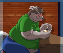  absurd_res alex.fetter anthro belly_overhang beverage blue_eyes brown_body brown_fur clothing fur generation_3_pokemon green_clothing green_shirt green_topwear grey_body grey_fur hi_res jonah_(alex.fetter) linoone nintendo obese overweight pokemon pokemon_(species) shirt sitting tongue topwear 