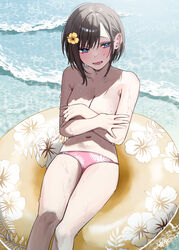  absurdres bikini bikini_bottom_only blue_eyes blush breasts chigusa_minori commentary_request covering_breasts covering_privates female flower futago_matomete_kanojo_ni_shinai? hair_flower hair_ornament highres innertube looking_at_viewer medium_breasts navel ocean open_mouth outdoors pink_bikini short_hair short_hair_with_long_locks sitting solo swim_ring swimsuit topless usami_hikari wet 