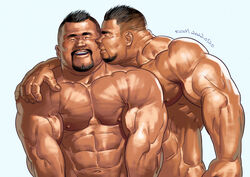  2boys abs bara connected_beard couple cowboy_shot dark-skinned_male dark_skin facial_hair flexing_pectorals goatee hand_on_another&#039;s_shoulder happy highres kissing kissing_cheek male_focus mature_male multiple_boys muscular muscular_male nipples nude original raitokagami standing strongman_waist thick_eyebrows undercut yaoi 