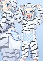  animal_print ass bandaid bandaid_on_face bandaid_on_nose blue_background blue_eyes borrowed_character butt_flap cosplay female highres kigurumi kumanomi long_hair oerba_yun_fang original panties sidelocks simple_background skin_fang striped_clothes striped_panties thick_eyelashes tiger_print underwear 