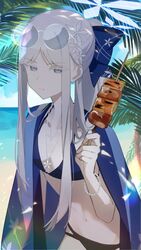  blue_archive blue_halo female food glasses halo haori highres japanese_clothes nagusa_(blue_archive) solo swimsuit white_hair yakitori 