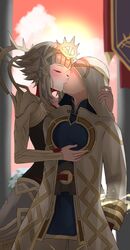  1boy absurdres arm_around_neck blush bound bound_arms bound_wrists choker closed_eyes commission faceless faceless_male female fire_emblem fire_emblem_heroes grey_hair hand_on_another&#039;s_chest highres kiran_(fire_emblem) kiran_(male)_(fire_emblem) kissing kneeling nintendo official_alternate_costume official_alternate_hairstyle peli_cantaro red_choker short_hair short_hair_with_long_locks sidelocks skeb_commission sunset tiara veronica_(fire_emblem) veronica_(princess_rising)_(fire_emblem) 