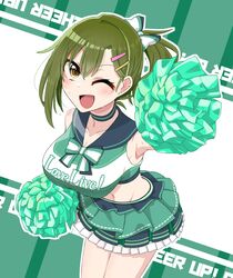  ;d alternate_costume black_choker black_skirt blush bow bowtie breasts brown_eyes cheerleader choker cleavage collarbone commentary_request cowboy_shot cropped_shirt female frilled_skirt frills green_bow green_bowtie green_choker green_hair green_shirt green_skirt h.s.c.t._(love_live!) hair_between_eyes hairbow highres holding holding_pom_poms large_breasts layered_skirt leaning_forward link!_like!_love_live! long_hair looking_at_viewer love_live! midriff miniskirt multicolored_clothes multicolored_skirt navel one_eye_closed oogami_sachi open_mouth pleated_skirt pom_pom_(cheerleading) raised_eyebrow shirt skirt sleeveless sleeveless_shirt smile solo striped_bow striped_bowtie striped_choker striped_clothes sweat swept_bangs tetetsu_(yuns4877) two-tone_choker v-shaped_eyebrows white_background white_skirt 