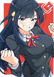  absurdres black_hair border breasts clenched_hands commentary female grey_eyes grin highres large_breasts long_hair long_sleeves looking_at_viewer love_live! love_live!_nijigasaki_high_school_idol_club nijigasaki_school_uniform one_side_up red_background school_uniform smile solo thio_lovelive upper_body white_border yuki_setsuna_(love_live!) 