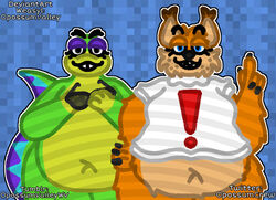  anthro belly blue_eyes bobcat bottomless bubsy bubsy_(series) clothed clothing eyewear felid feline fur gecko gex_(series) gex_the_gecko green_body half-closed_eyes lizard looking_at_viewer lynx male mammal multicolored_body narrowed_eyes obese opossumvalley orange_body orange_fur overweight overweight_male reptile scalie solo sunglasses two_tone_body 