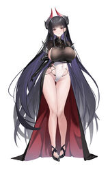  absurdres alvitr_(azur_lane) arm_under_breasts azur_lane black_cape black_footwear black_gloves black_hair black_shirt blunt_bangs breasts cape commentary_request covered_navel crop_top curled_horns elbow_gloves female full_body gloves hei_wuchang high_heels highleg highleg_leotard highres horns large_breasts leotard long_hair looking_at_viewer parted_lips red_eyes shirt sideboob sideboob_cutout simple_background solo standing tachi-e taut_clothes taut_shirt thighs very_long_hair waist_cape white_background white_leotard 