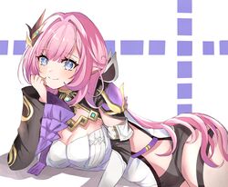  black_shorts blue_eyes breasts cleavage clothing_cutout cross_background detached_sleeves elf elysia_(honkai_impact) elysia_(miss_pink_elf)_(honkai_impact) female hair_between_eyes hair_ornament hand_on_own_chin highres honkai_(series) honkai_impact_3rd large_breasts long_hair looking_at_viewer pink_hair pink_pupils pointy_ears pomupurin shirt short_shorts shorts side_cutout simple_background smile solo thighs white_shirt 