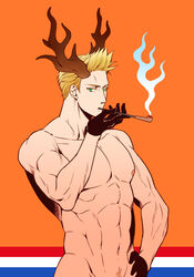  1boy abs antlers axis_powers_hetalia black_gloves blonde_hair dutch_flag facing_to_the_side gloves green_eyes hand_on_own_hip holding holding_smoking_pipe horns looking_at_viewer male_focus muscular navel netherlands_(hetalia) nipples pipe_in_mouth rebasashi reindeer_antlers scar scar_on_face scar_on_forehead smoke smoking smoking_pipe solo spiked_hair veins veiny_arms 