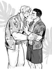  2boys absurdres adam&#039;s_apple after_kiss ao_isami bara bare_pectorals blush collar_grab couple cropped_legs dog_tags eye_contact face-to-face facial_hair floral_print greyscale hand_on_another&#039;s_arm hand_on_another&#039;s_back hawaiian_shirt highres leaf leaf_background lewis_smith looking_at_another male_focus monochrome monstera_deliciosa multiple_boys navel open_clothes open_shirt pectorals saliva saliva_trail shirt short_hair shorts sideburns_stubble stubble sweat tearing_up trembling wasted_m9 yaoi yuuki_bakuhatsu_bang_bravern 