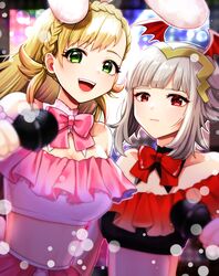  2girls absurdres alternate_costume animal_ears artist_request bare_shoulders bat_wings blonde_hair bow bowtie breasts cleavage collar commission concert dress fire_emblem fire_emblem_heroes green_eyes grey_hair highres idol light_particles lipstick long_hair makeup microphone midriff multiple_girls nintendo official_alternate_hairstyle open_mouth rabbit_ears red_eyes second-party_source sharena_(fire_emblem) short_hair short_hair_with_long_locks sidelocks skeb_commission smile tmngmzi tsurime veronica_(fire_emblem) veronica_(princess_rising)_(fire_emblem) wings 