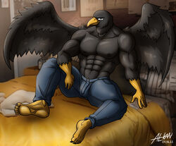  abs absurd_res accipitrid accipitriform alkan anthro avian beak bed big_pecs bird black_body black_eyes black_fur blue_bottomwear blue_clothing blue_pants bottomwear clothed clothing denim denim_bottomwear denim_clothing eagle feet fur furniture hi_res jeans male moobs muscular muscular_anthro muscular_male navel nipples on_bed pants pants_only pecs sitting sitting_on_bed solo tan_(character) topless topless_anthro topless_male wings yellow_beak yellow_feet yellow_hands 