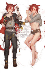  1boy absurdres animal_ears barefoot bed_sheet black_scarf blush cat_boy cat_ears cat_tail clothes_lift collarbone commentary crystal_exarch dakimakura_(medium) final_fantasy final_fantasy_xiv fingerless_gloves full_body g&#039;raha_tia gloves hair_between_eyes highres looking_at_viewer male_focus miqo&#039;te navel red_eyes red_hair scarf shirt_lift short_hair solo stomach tail zavir 