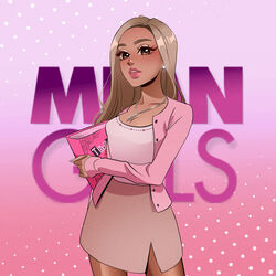  absurdres animification ariana_grande blonde_hair book breasts brown_eyes cardigan cleavage commentary copyright_name dark-skinned_female dark_skin female grey_shirt highres holding holding_book jewelry logo looking_at_viewer mean_girls medium_breasts necklace parted_lips pink_cardigan pirorin21century real_life shirt shirt_tucked_in sleeves_past_wrists solo symbol-only_commentary white_nails 