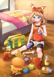  bed berry_(pokemon) black_shorts female hair_ribbon highres indoors looking_at_viewer max_revive may_(pokemon) oran_berry pokeblock pokeblock_case pokedex pokemon pokemon_(creature) pokemon_oras potion_(pokemon) rare_candy red_ribbon red_tank_top repel ribbon shorts sitrus_berry sitting tank_top torchic white_shorts wooden_floor yomogi_(black-elf) 