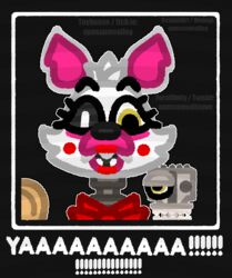  animatronic anthro blush blush_stickers canid canine english_text female five_nights_at_freddy&#039;s five_nights_at_freddy&#039;s_2 front_view fur hi_res humor lipstick looking_at_viewer machine makeup mammal mangle_(fnaf) meme multicolored_body opossumvalley robot scottgames sharp_teeth solo teeth text two_tone_body white_body white_fur yellow_eyes 