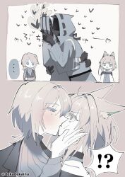  !? 2girls 2others animal_ear_fluff animal_ears arknights arm_under_breasts blue_eyes cat_ears cat_girl coat commentary_request dante_(limbus_company) dekadekainu doctor_(arknights) faust_(project_moon) flaming_head green_eyes hair_intakes hand_on_another's_face hand_on_another's_head heart hood hood_up hooded_coat hug kal'tsit_(arknights) kissing limbus_company limited_palette medium_hair multiple_girls multiple_others o3o object_head other_with_other project_moon surprised sweater turtleneck turtleneck_sweater twitter_username yuri 