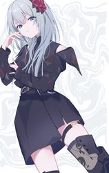  :/ arm_up asymmetrical_skirt belt black_belt black_dress black_skirt black_thighhighs blue_eyes blunt_bangs commentary cowboy_shot dress eyes_visible_through_hair female floral_print flower from_below glaring grey_background grey_hair hair_flower hair_ornament highres long_hair looking_at_viewer no_nose off_shoulder official_alternate_costume official_alternate_hairstyle pleated_skirt project_sekai red_flower red_rose rose sidelocks skirt solo standing swirling tamagoegg thigh_strap thighhighs turtleneck white_background yoisaki_kanade zozotown 