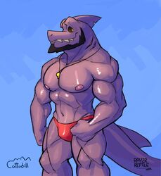  anthro beard cattodill clothing facial_hair fish gael_(audaz) hi_res male marine muscular muscular_anthro muscular_male rayzrreptile shark solo underwear whistle_(object) 